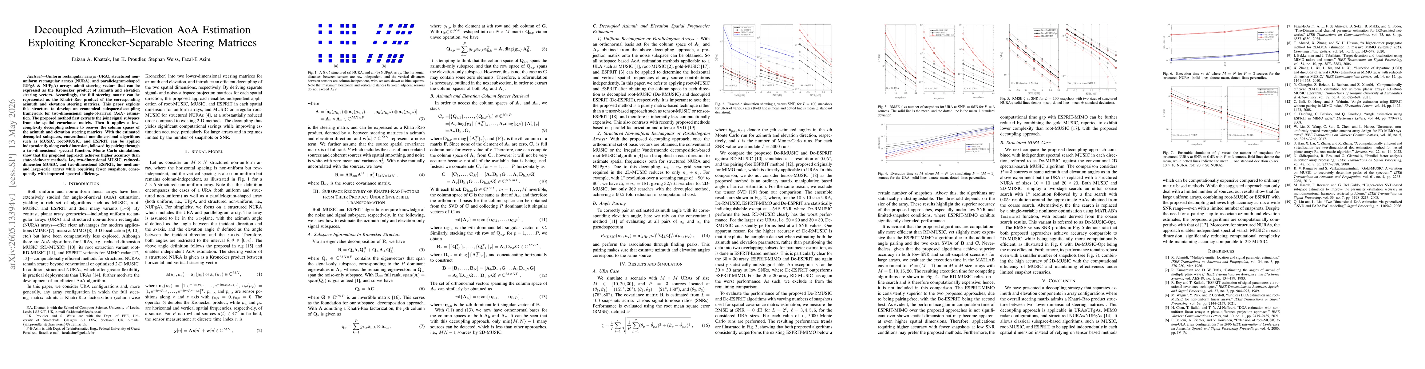 Thumbnail for Decoupled Azimuth Elevation AoA Estimation Exploiting Kronecker Separable Steering Matrices