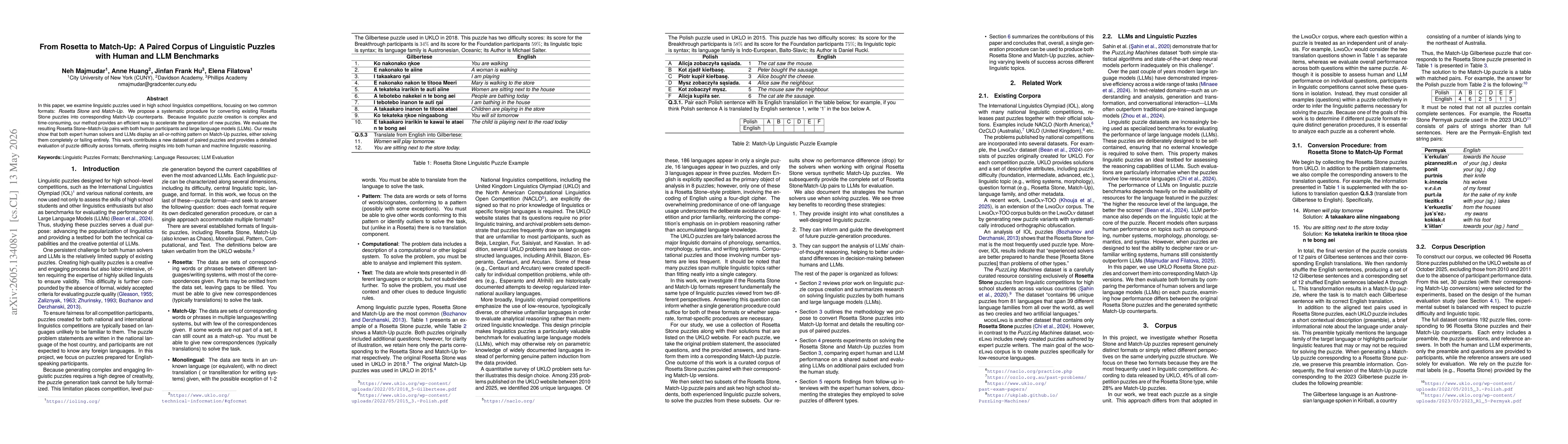 Thumbnail for From Rosetta to Match-Up: A Paired Corpus of Linguistic Puzzles with Human and LLM Benchmarks