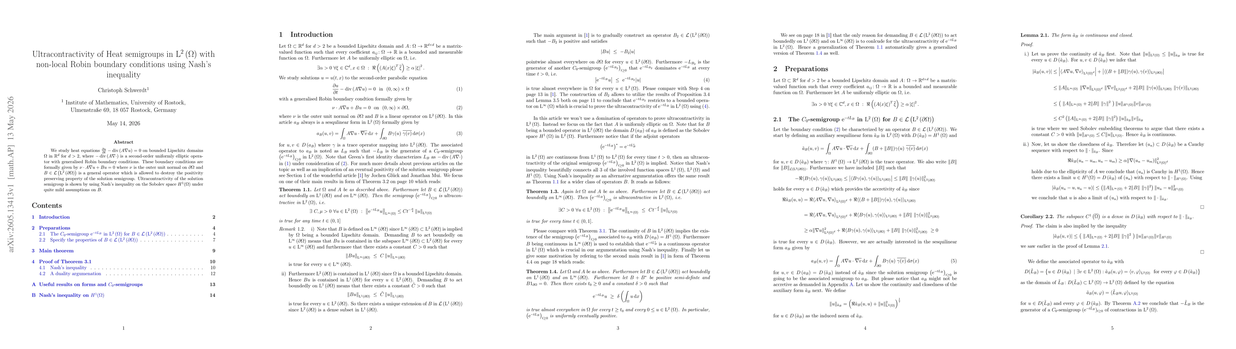 Thumbnail for Ultracontractivity of Heat semigroups in $\mathrm{L}^{2}\left( Ω\right)$ with non-local Robin boundary conditions using Nash's inequality