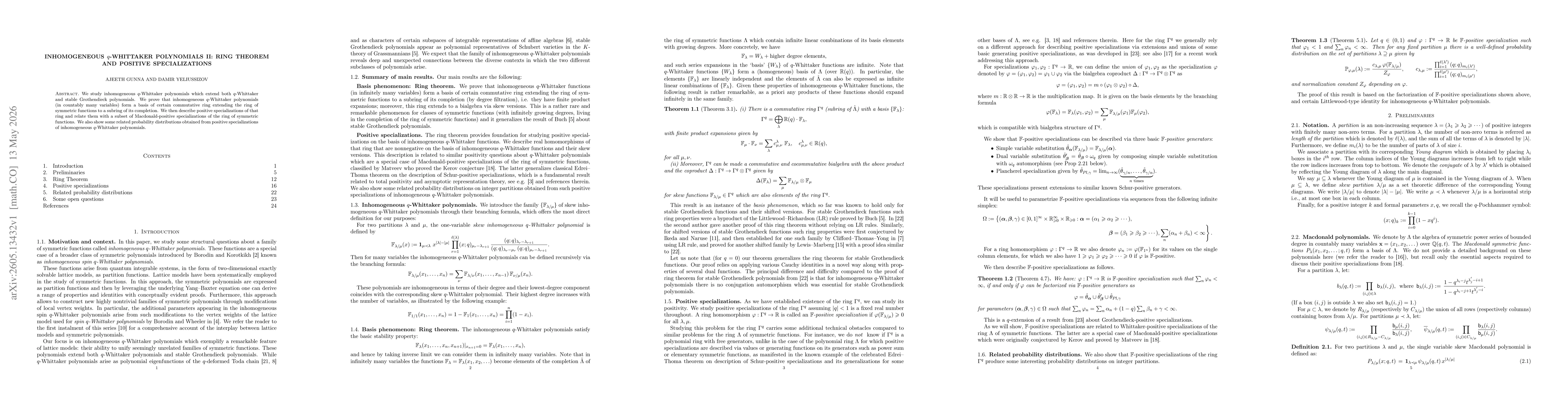 Thumbnail for Inhomogeneous $q$-Whittaker polynomials II: ring theorem and positive specializations