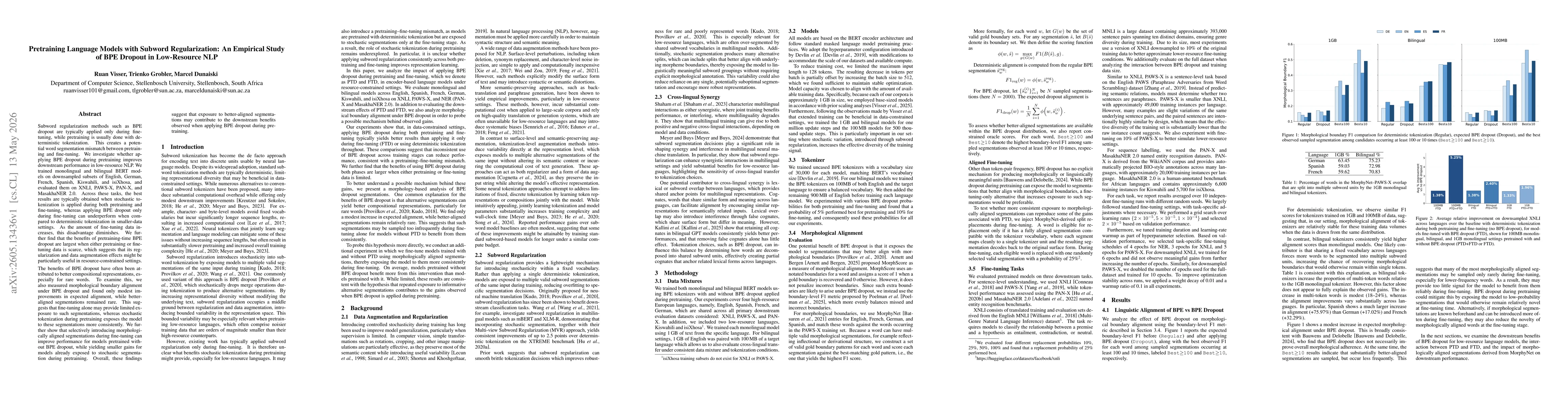 Thumbnail for Pretraining Language Models with Subword Regularization: An Empirical Study of BPE Dropout in Low-Resource NLP