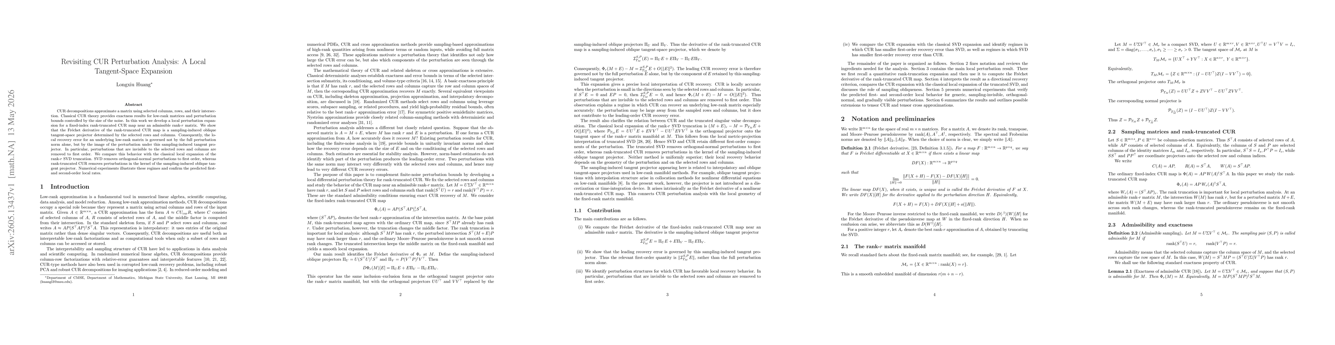Thumbnail for Revisiting CUR Perturbation Analysis: A Local Tangent-Space Expansion