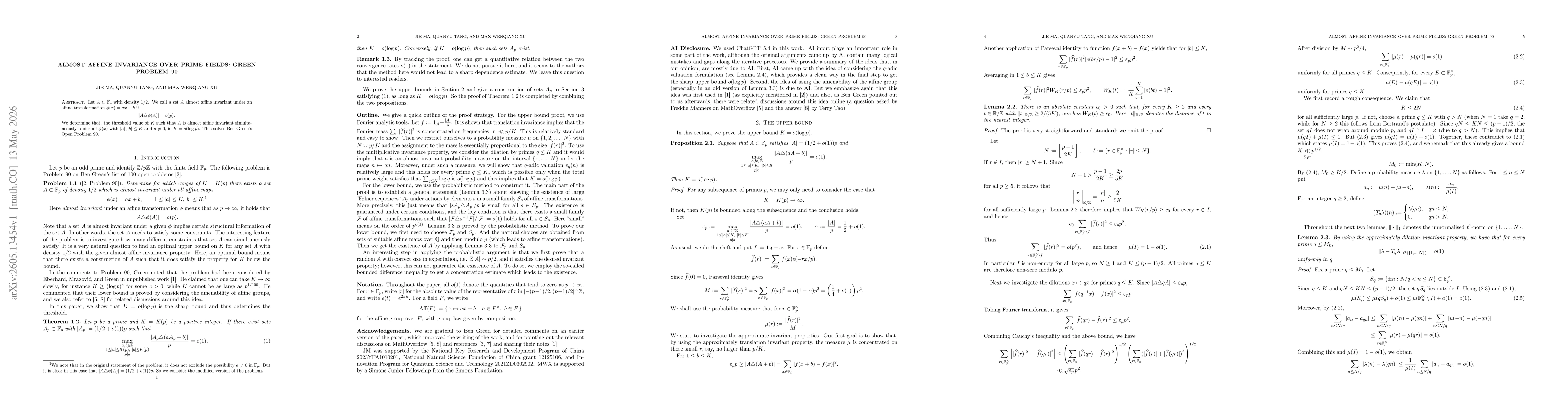 Thumbnail for Almost Affine Invariance Over Prime Fields: Green Problem 90