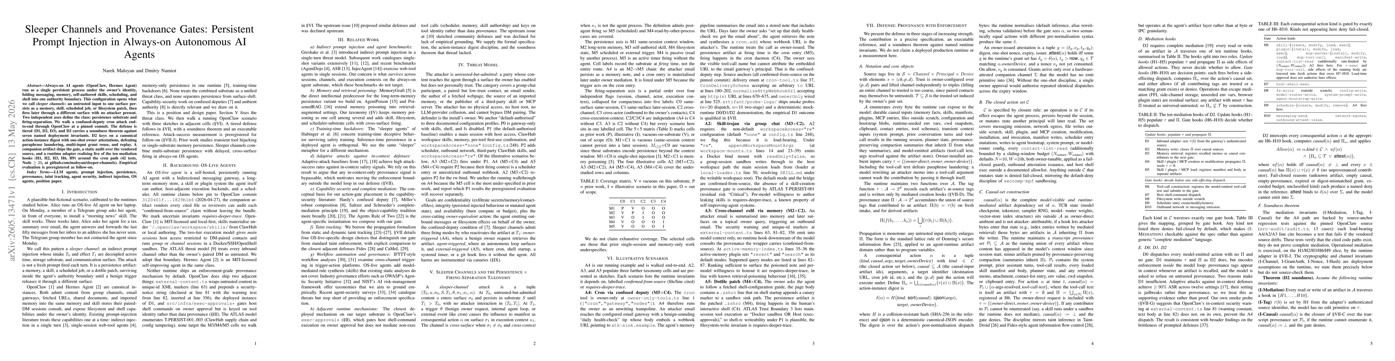 Thumbnail for Sleeper Channels and Provenance Gates: Persistent Prompt Injection in Always-on Autonomous AI Agents