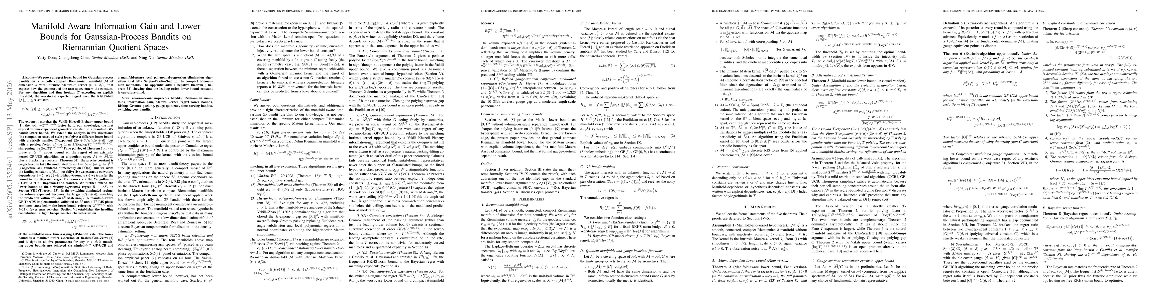 Thumbnail for Manifold-Aware Information Gain and Lower Bounds for Gaussian-Process Bandits on Riemannian Quotient Spaces
