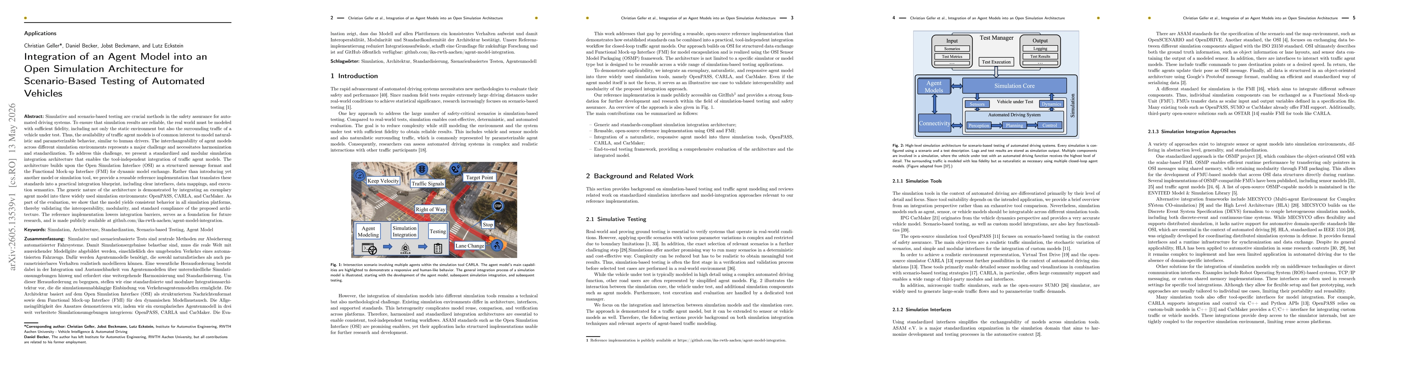 Thumbnail for Integration of an Agent Model into an Open Simulation Architecture for Scenario-Based Testing of Automated Vehicles
