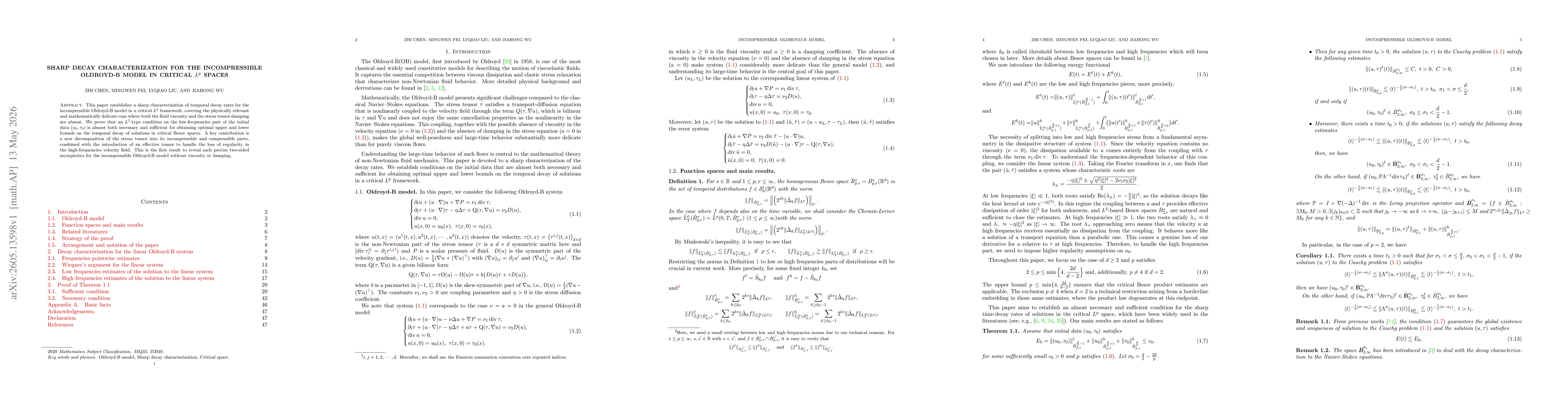 Thumbnail for Sharp decay characterization for the incompressible Oldroyd-B model in critical $L^p$ spaces