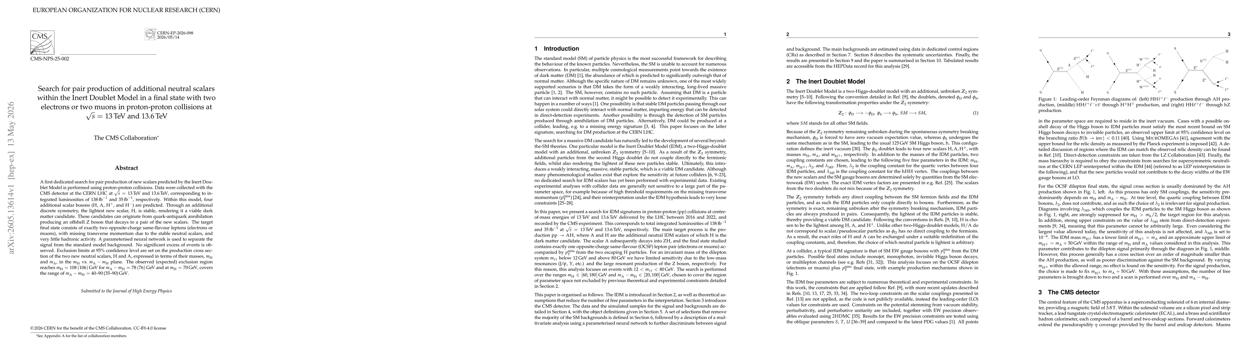Thumbnail for Search for pair production of additional neutral scalars within the Inert Doublet Model in a final state with two electrons or two muons in proton-proton collisions at $\sqrt{s}$ = 13 TeV and 13.6 TeV