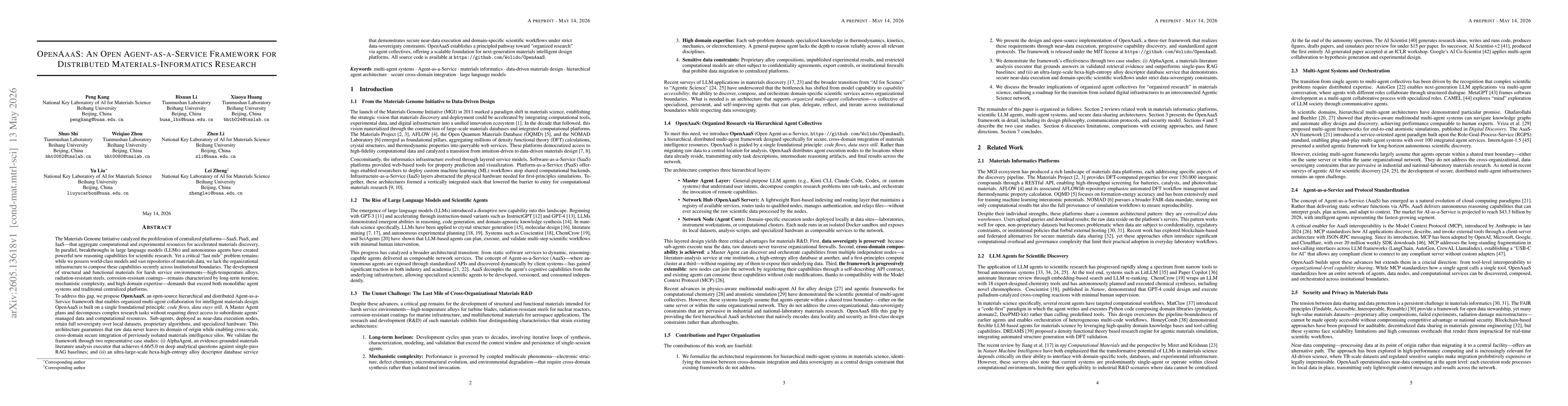 Thumbnail for OpenAaaS: An Open Agent-as-a-Service Framework for Distributed Materials-Informatics Research