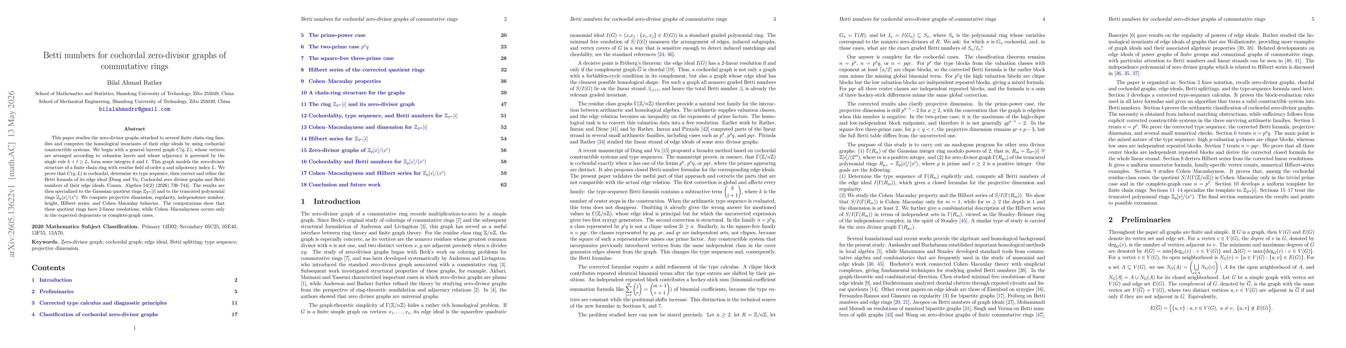 Thumbnail for Betti numbers for cochordal zero-divisor graphs of commutative rings