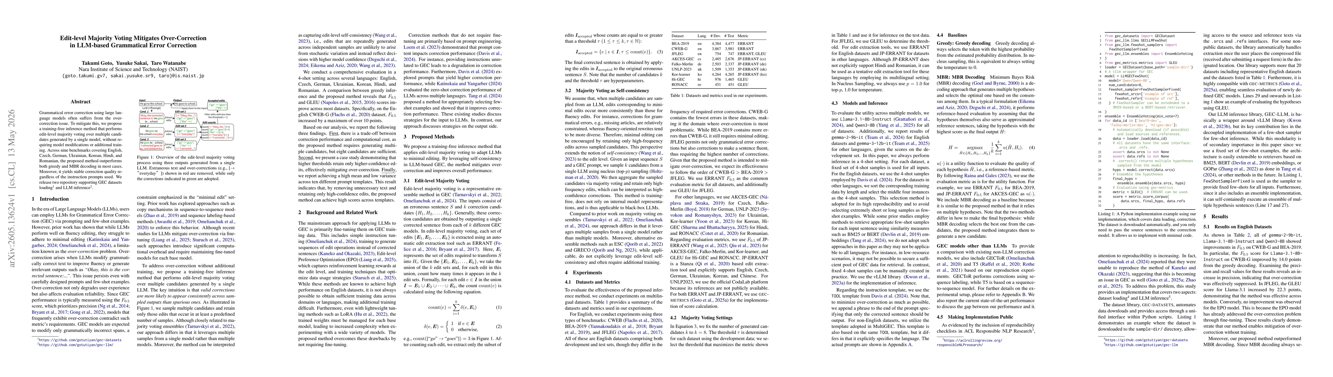 Thumbnail for Edit-level Majority Voting Mitigates Over-Correction in LLM-based Grammatical Error Correction