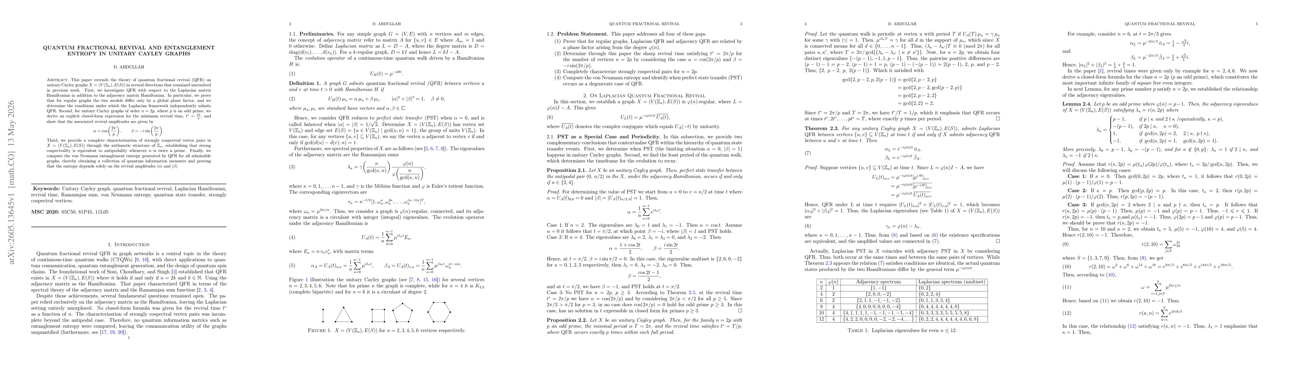 Thumbnail for Quantum Fractional Revival and Entanglement Entropy in Unitary Cayley Graphs
