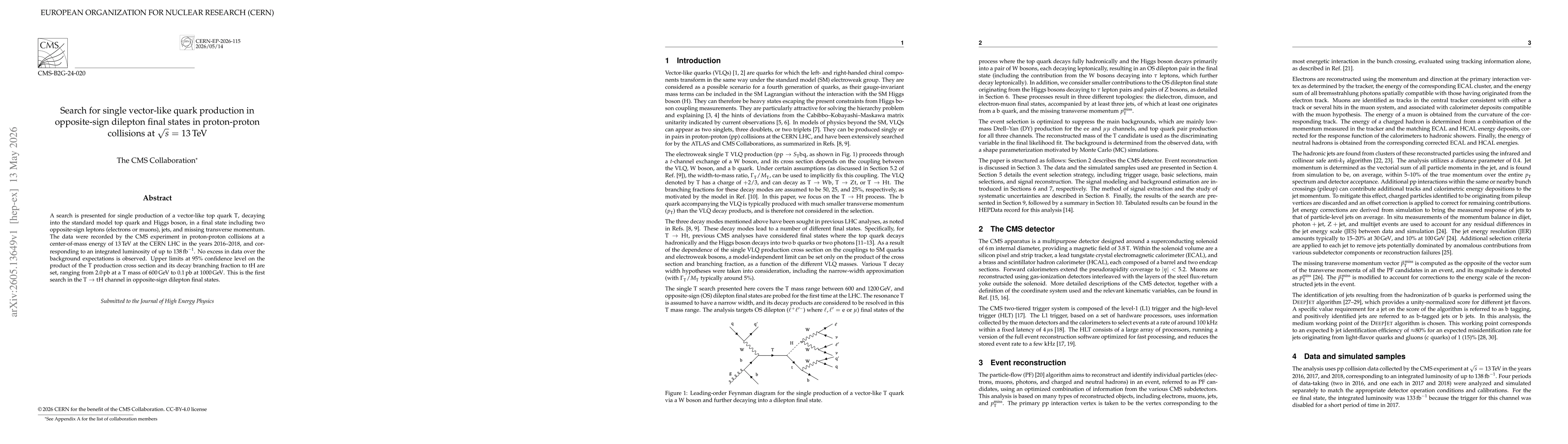 Thumbnail for Search for single vector-like quark production in opposite-sign dilepton final states in proton-proton collisions at $\sqrt{s}$ = 13 TeV