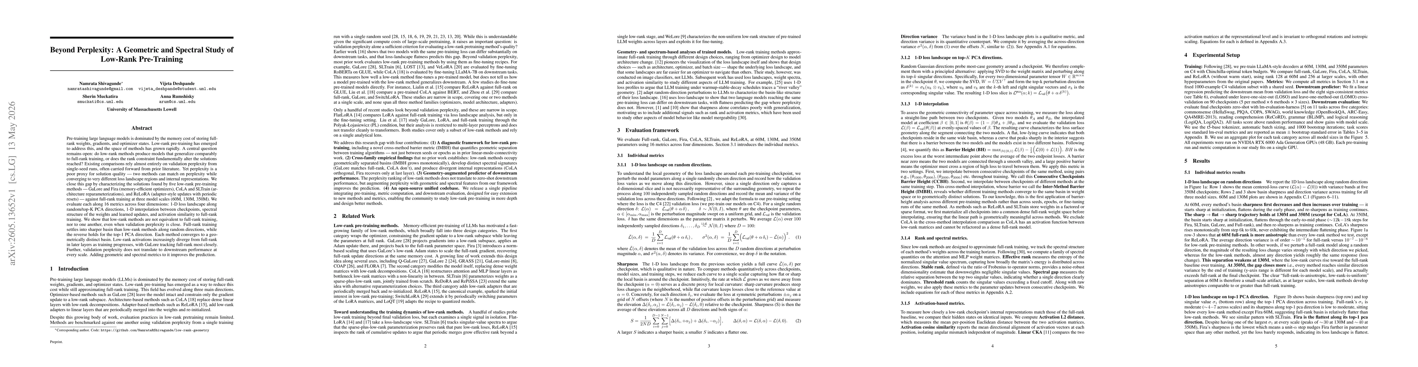 Thumbnail for Beyond Perplexity: A Geometric and Spectral Study of Low-Rank Pre-Training