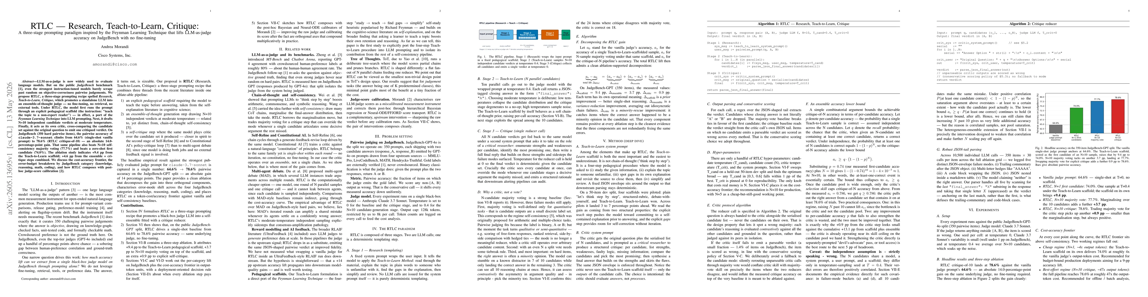 Thumbnail for RTLC -- Research, Teach-to-Learn, Critique: A three-stage prompting paradigm inspired by the Feynman Learning Technique that lifts LLM-as-judge accuracy on JudgeBench with no fine-tuning