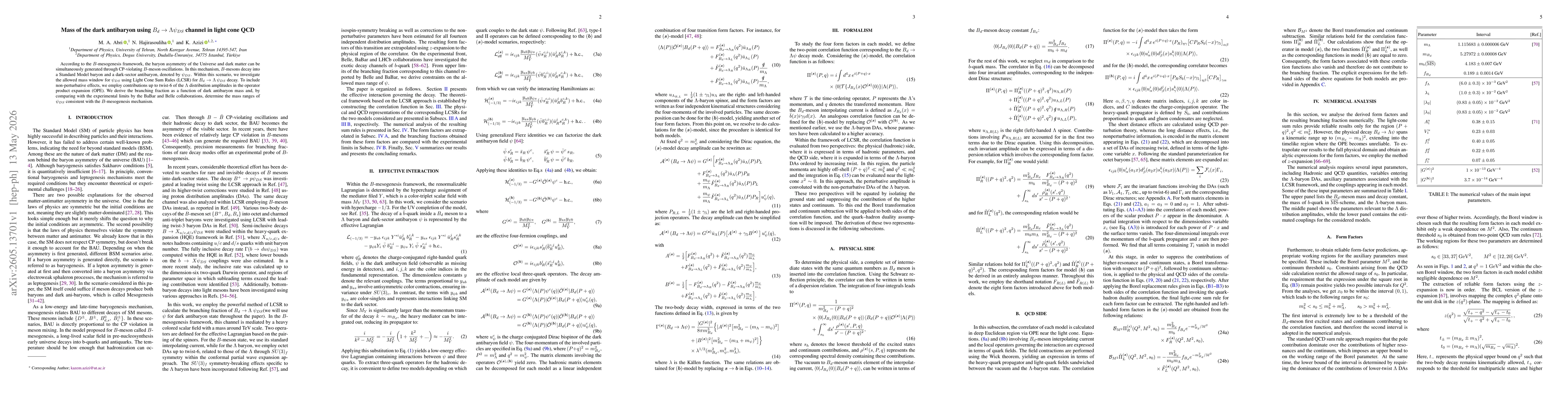 Thumbnail for Mass of the dark antibaryon using $B_d\rightarrow Λψ_{DS}$ channel in light cone QCD