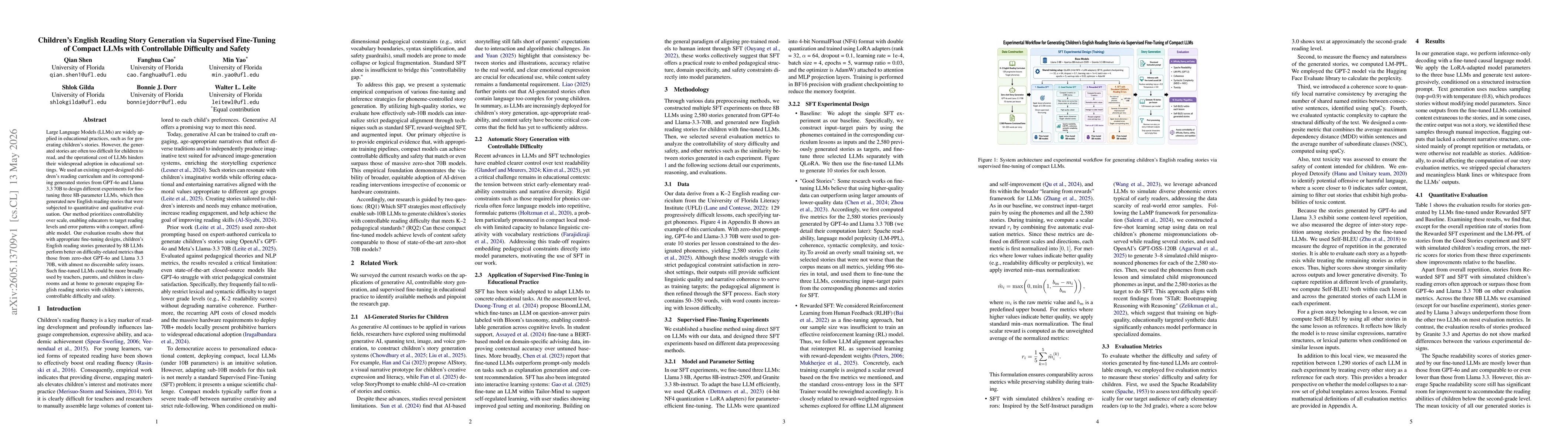 Thumbnail for Children's English Reading Story Generation via Supervised Fine-Tuning of Compact LLMs with Controllable Difficulty and Safety