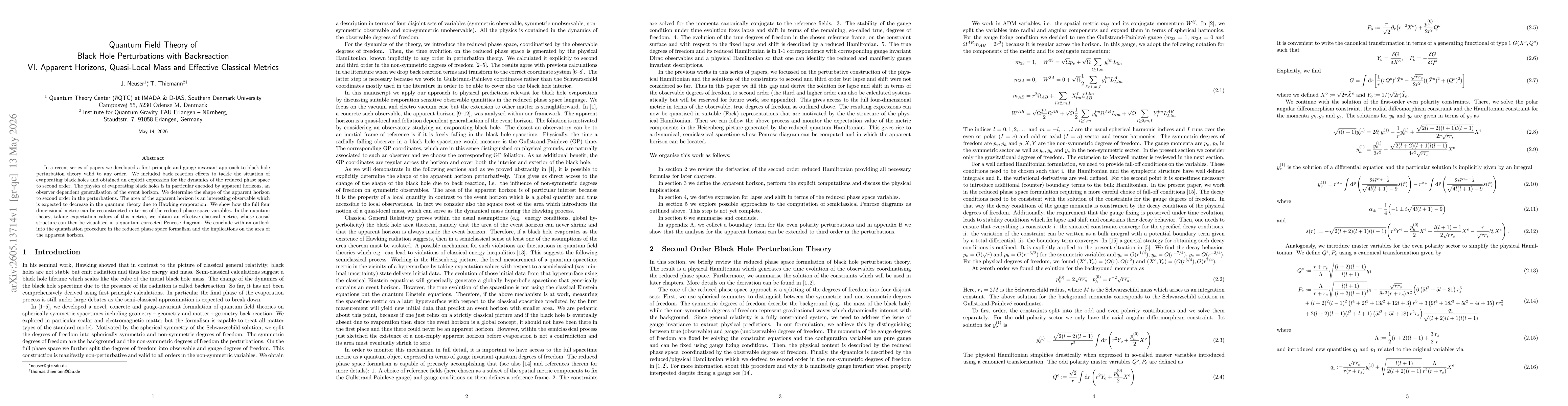 Thumbnail for Quantum Field Theory of Black Hole Perturbations with Backreaction VI. Apparent Horizons, Quasi-Local Mass and Effective Classical Metrics
