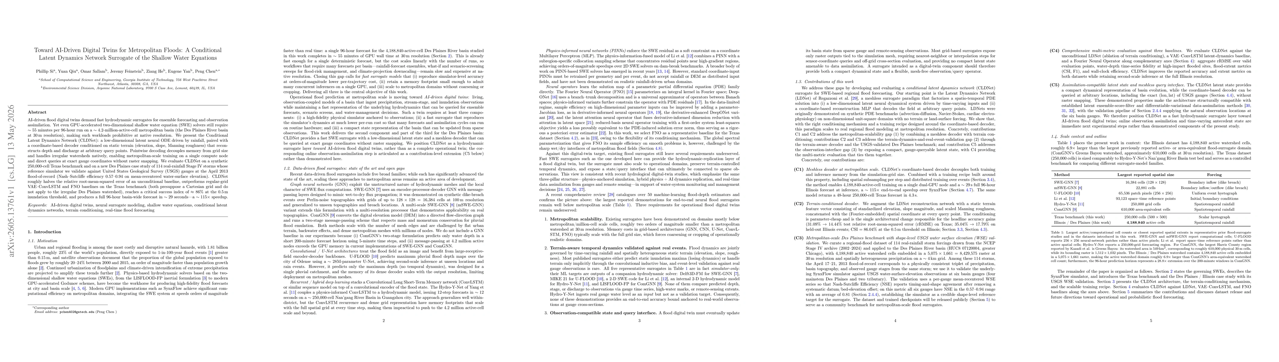 Thumbnail for Toward AI-Driven Digital Twins for Metropolitan Floods: A Conditional Latent Dynamics Network Surrogate of the Shallow Water Equations