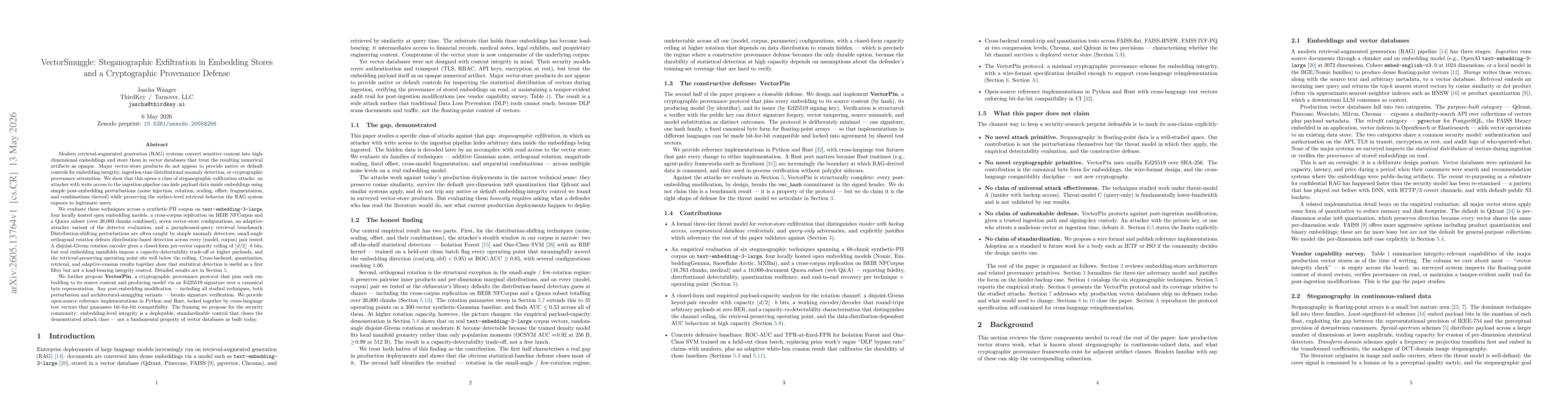 Thumbnail for VectorSmuggle: Steganographic Exfiltration in Embedding Stores and a Cryptographic Provenance Defense