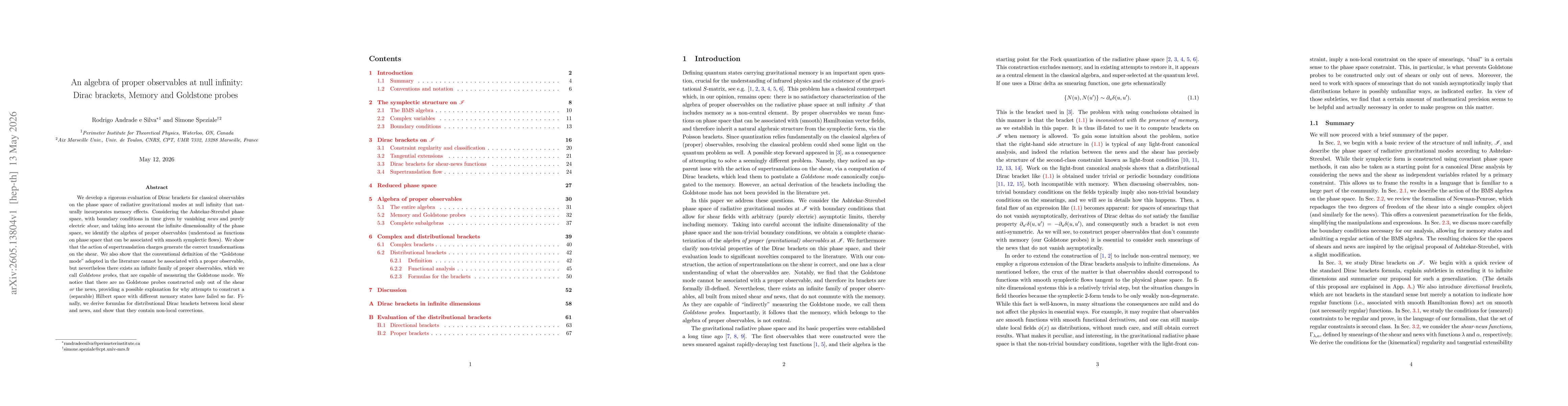 Thumbnail for An algebra of proper observables at null infinity: Dirac brackets, Memory and Goldstone probes