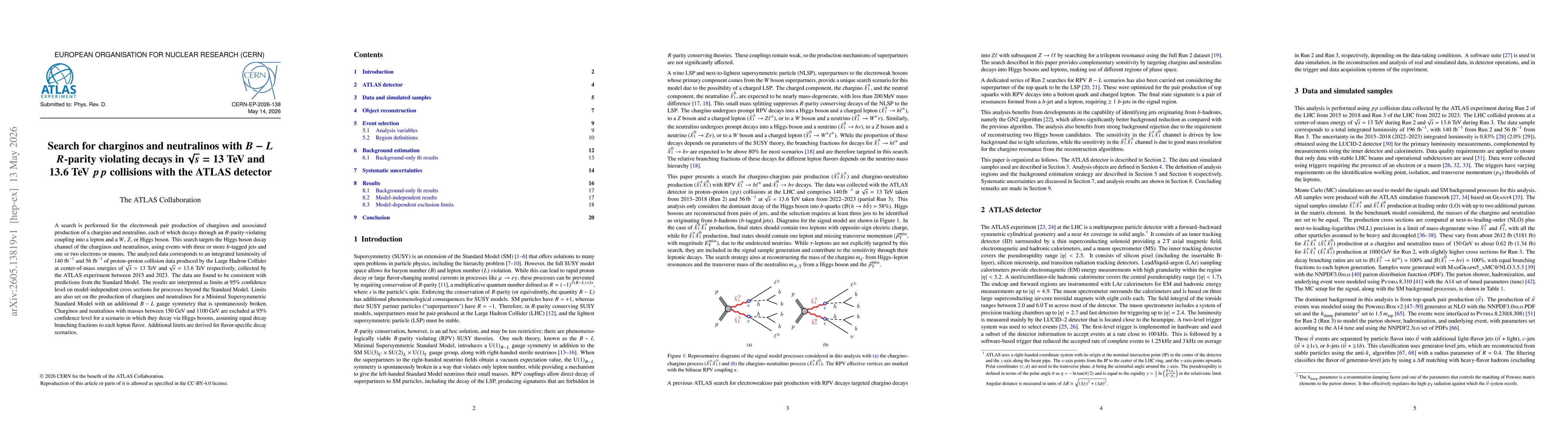 Thumbnail for Search for charginos and neutralinos with $B-L$ $R$-parity violating decays in $\sqrt{s}=13$ TeV and $13.6$ TeV $pp$ collisions with the ATLAS detector