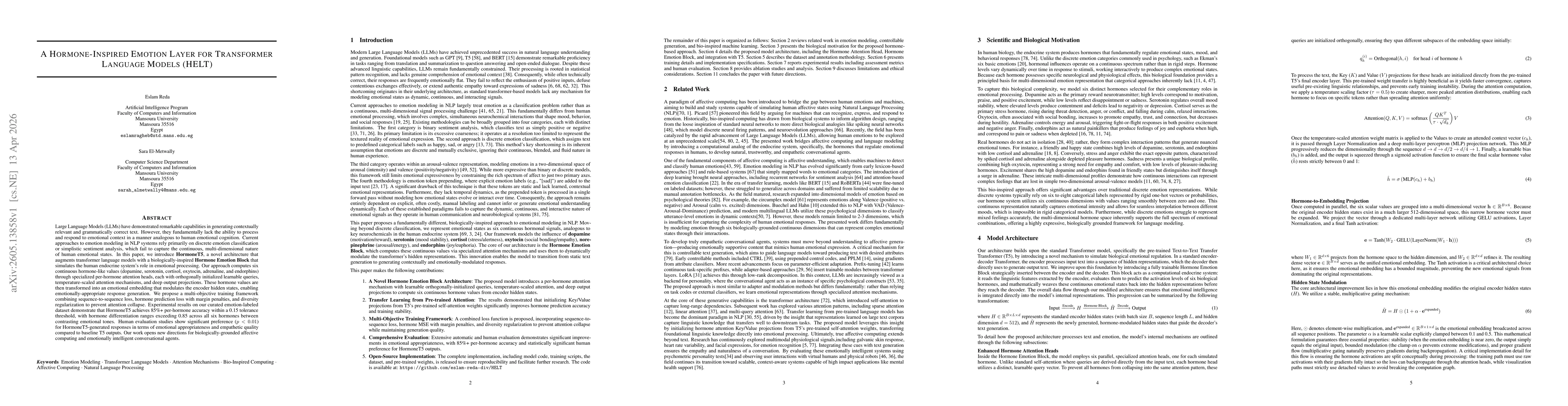 Thumbnail for A Hormone-inspired Emotion Layer for Transformer language models (HELT)
