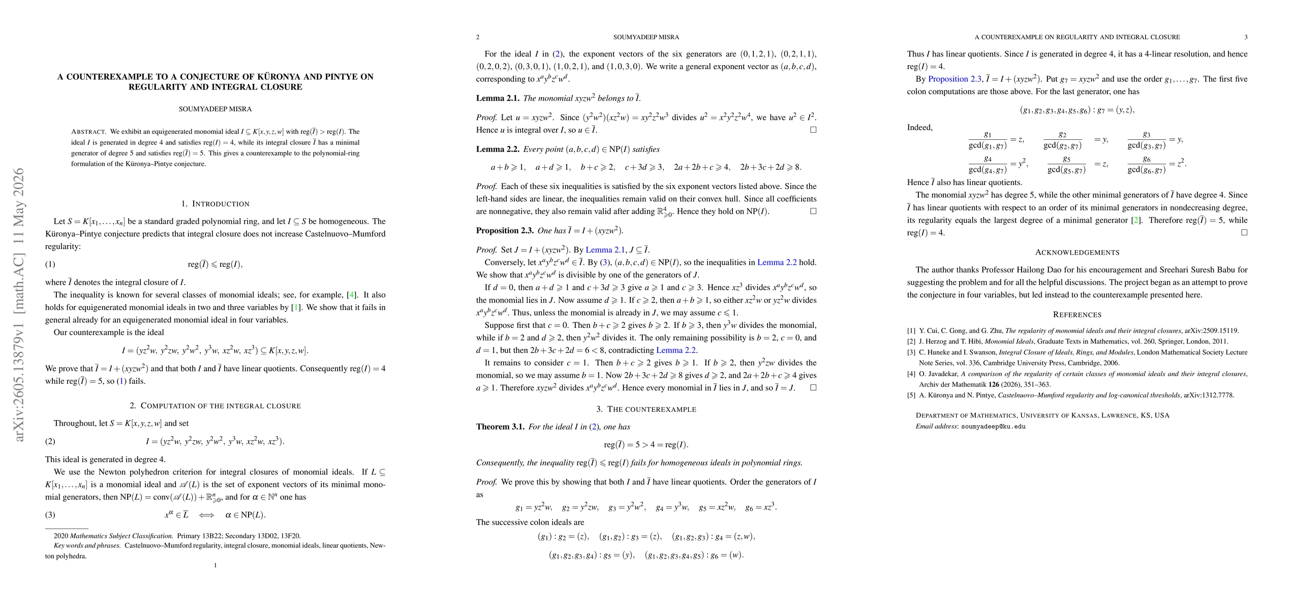Thumbnail for A counterexample to a conjecture of Küronya and Pintye on regularity and integral closure