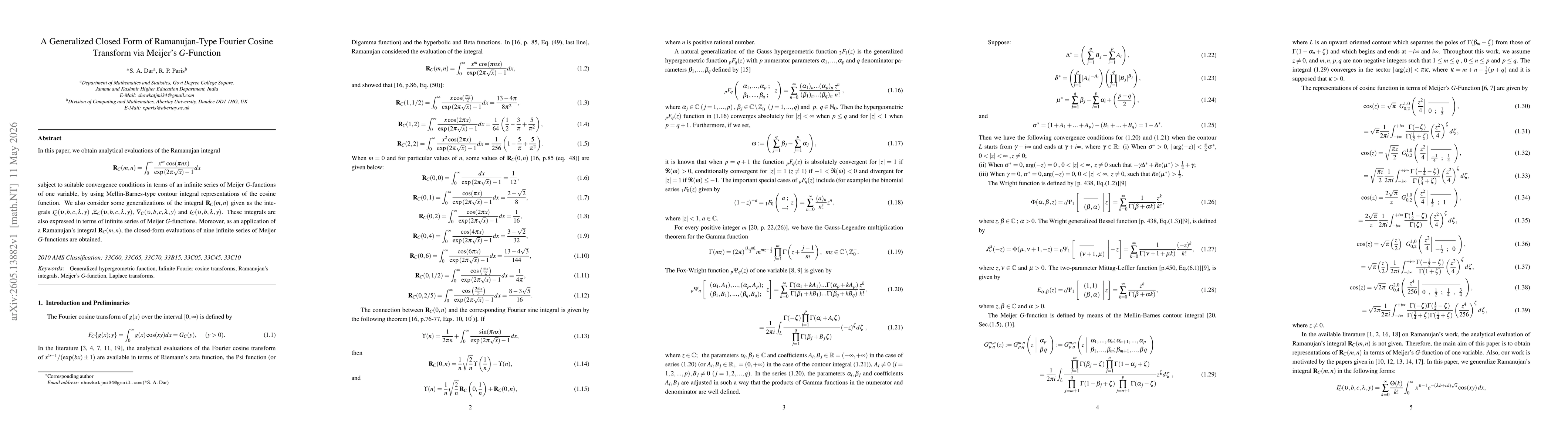 Thumbnail for A Generalized Closed Form of Ramanujan-Type Fourier Cosine Transform via Meijer's G-Function
