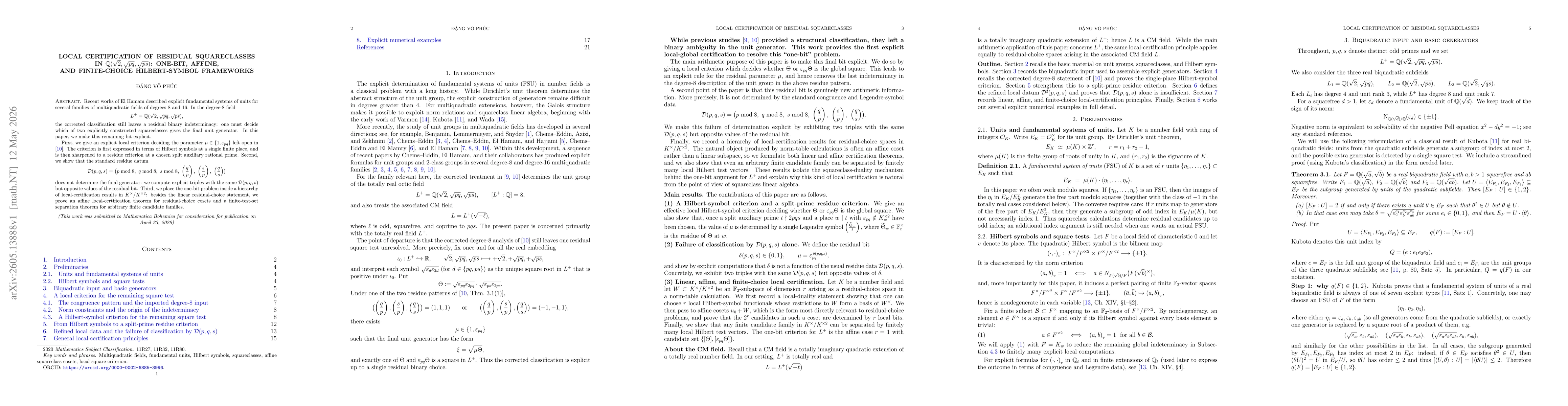Thumbnail for Local certification of residual squareclasses in $\mathbb Q(\sqrt{2},\sqrt{pq},\sqrt{ps})$: one-bit, affine, and finite-choice Hilbert-symbol frameworks