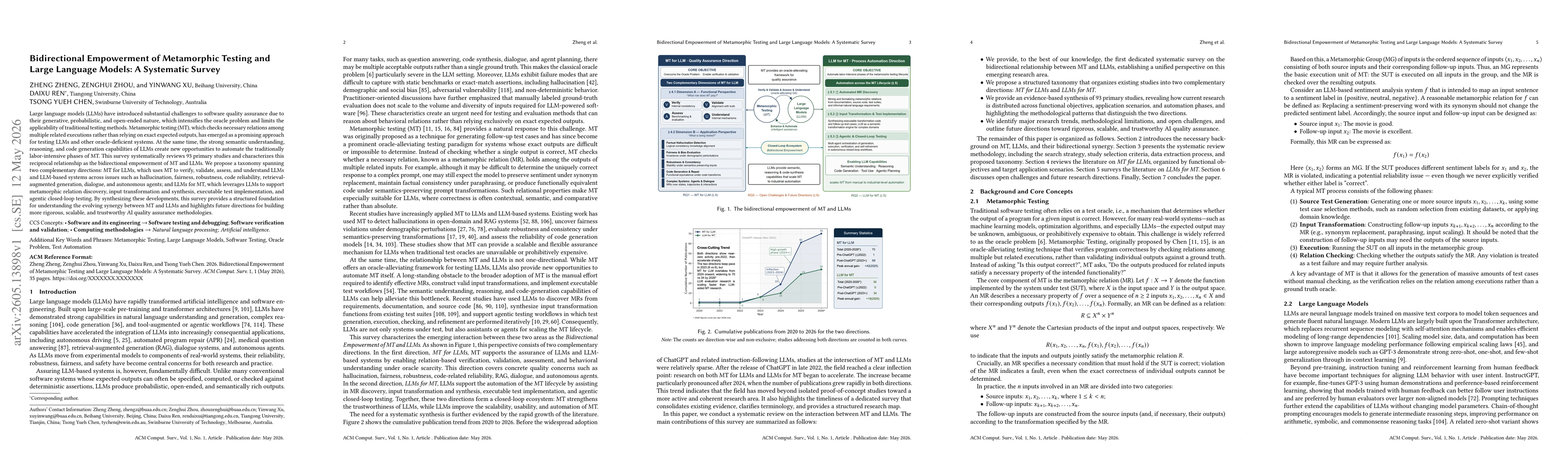 Thumbnail for Bidirectional Empowerment of Metamorphic Testing and Large Language Models: A Systematic Survey