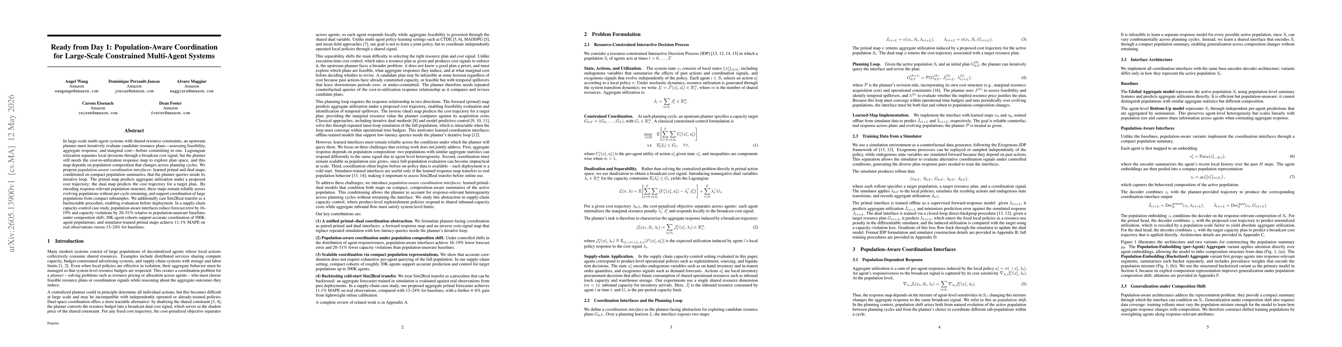 Thumbnail for Ready from Day 1: Population-Aware Coordination for Large-Scale Constrained Multi-Agent Systems