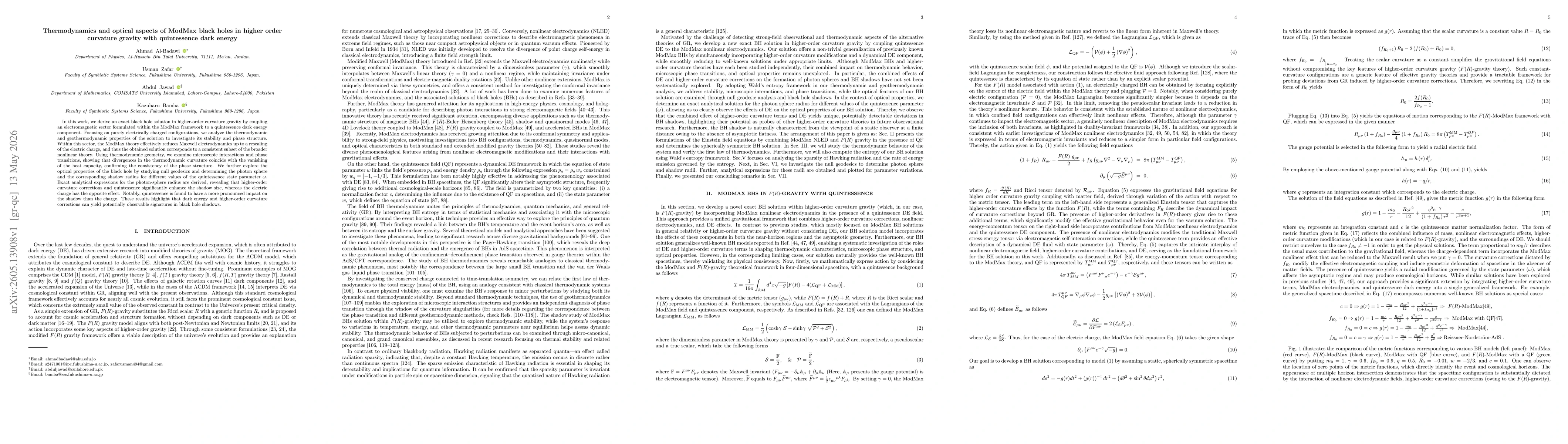 Thumbnail for Thermodynamics and optical aspects of ModMax black holes in higher order curvature gravity with quintessence dark energy