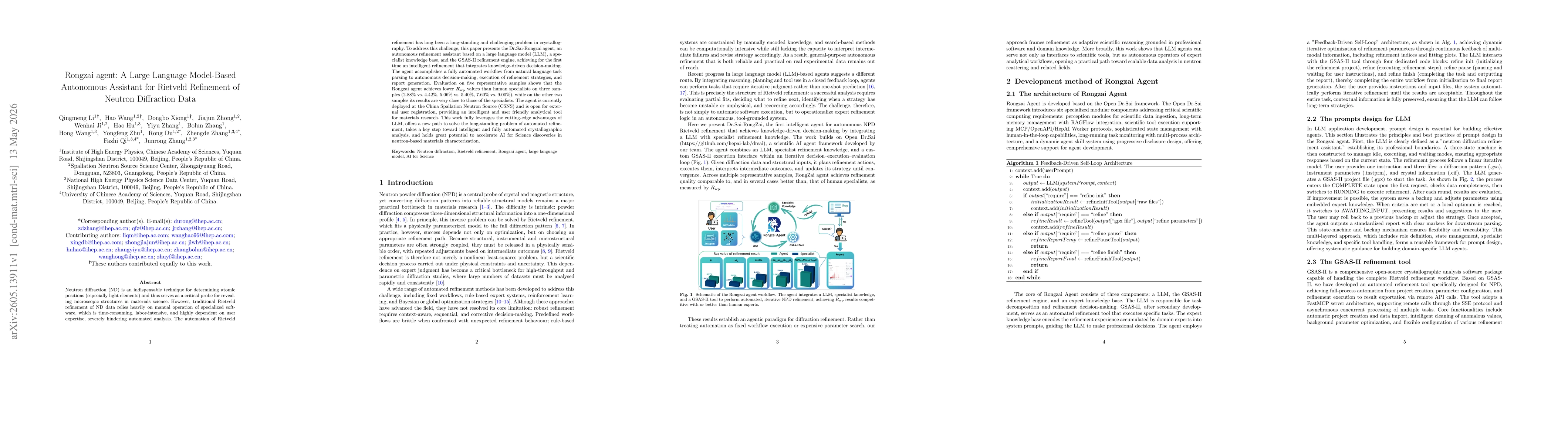 Thumbnail for Rongzai agent: A Large Language Model-Based Autonomous Assistant for Rietveld Refinement of Neutron Diffraction Data