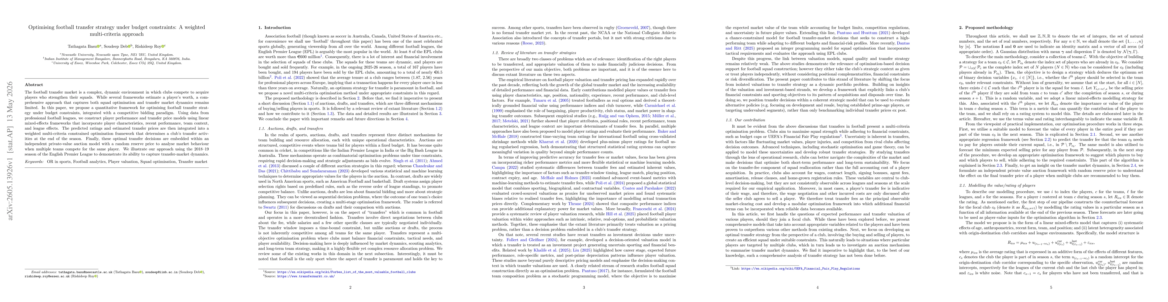 Thumbnail for Optimising football transfer strategy under budget constraints: A weighted multi-criteria approach
