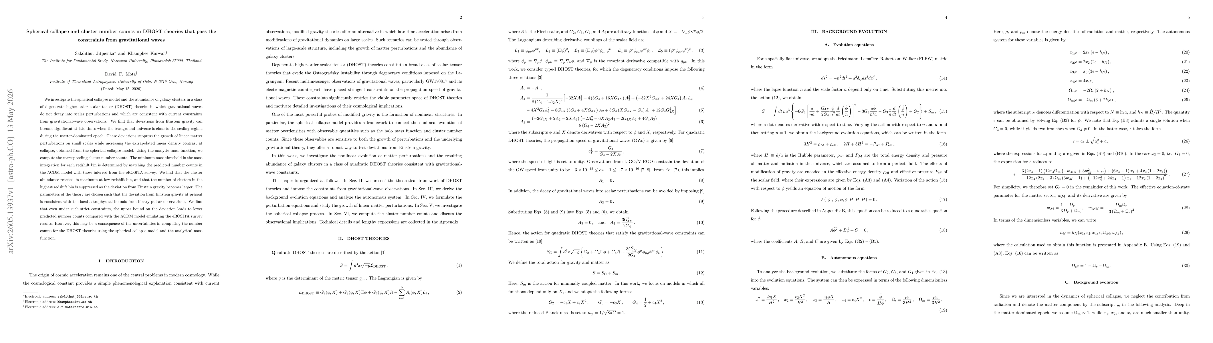 Thumbnail for Spherical collapse and cluster number counts in DHOST theories that pass the constraints from gravitational waves
