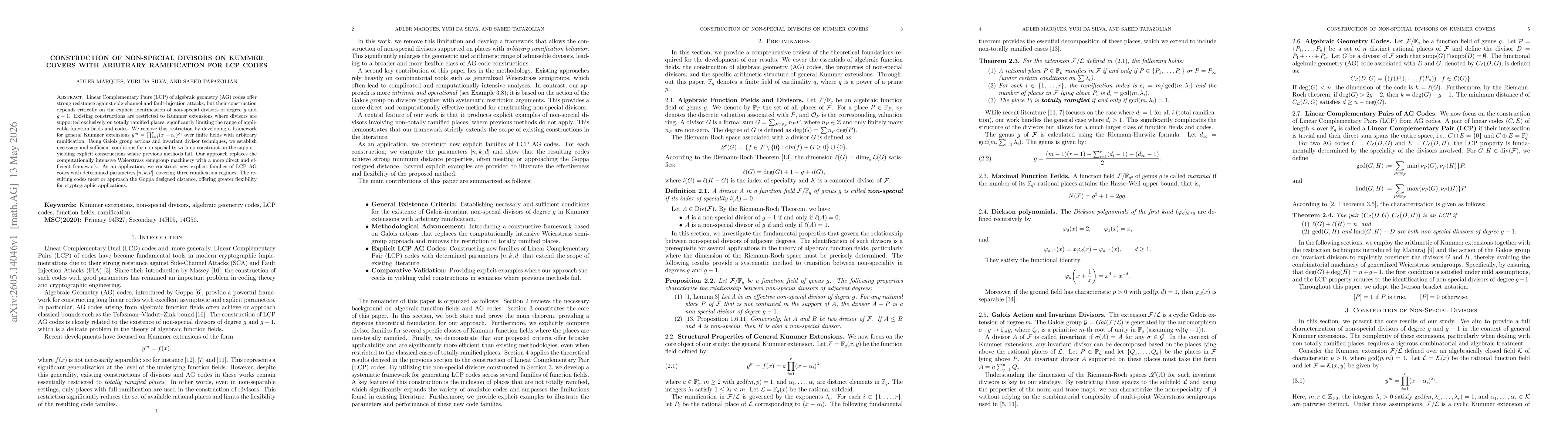 Thumbnail for Construction of Non-special Divisors on Kummer Covers With Arbritary Ramification For LCP Codes