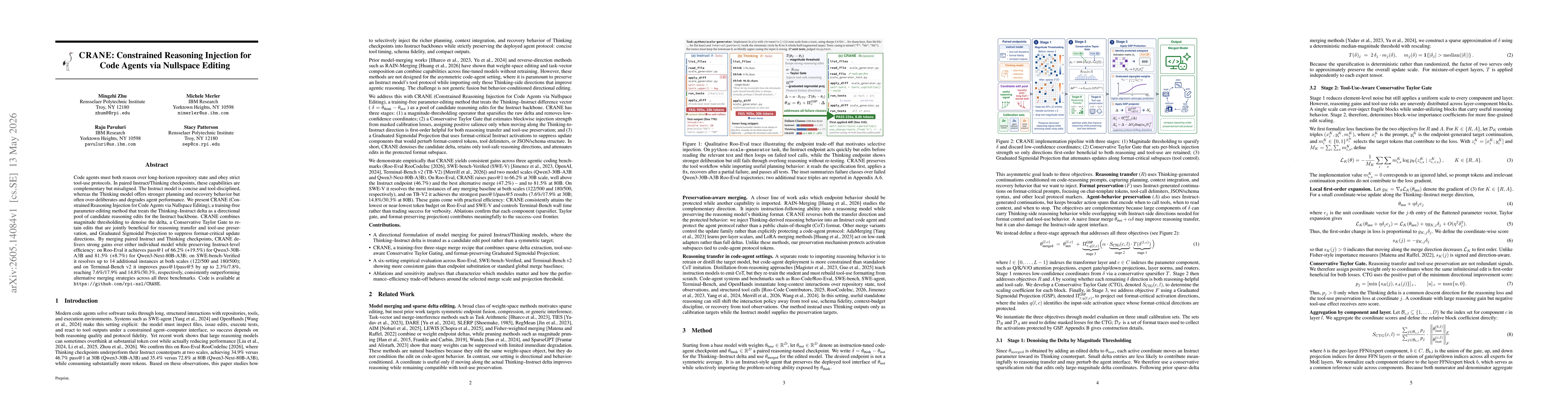 Thumbnail for CRANE: Constrained Reasoning Injection for Code Agents via Nullspace Editing