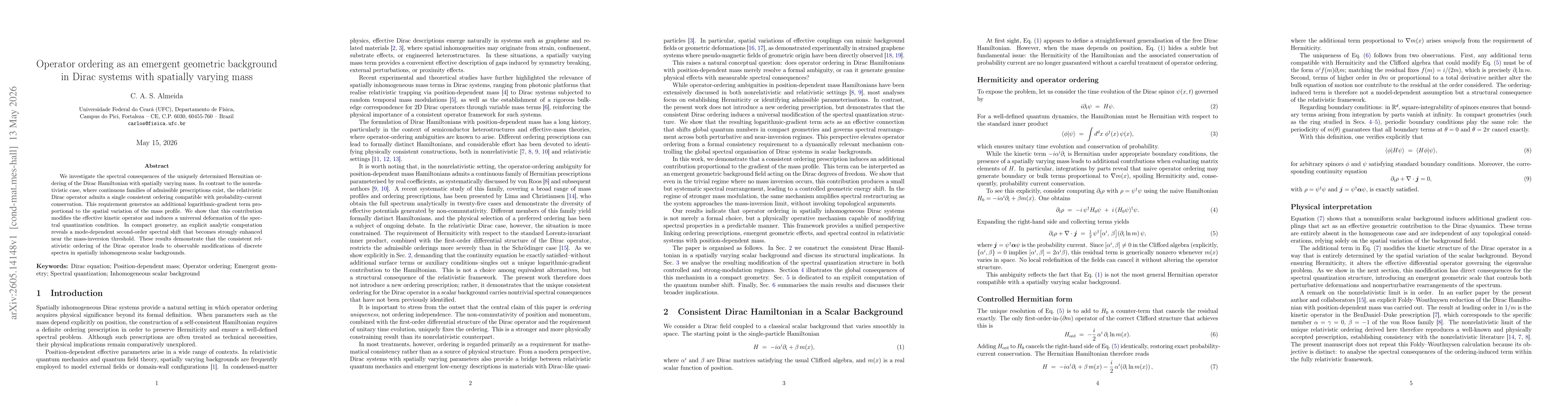 Thumbnail for Operator ordering as an emergent geometric background in Dirac systems with spatially varying mass