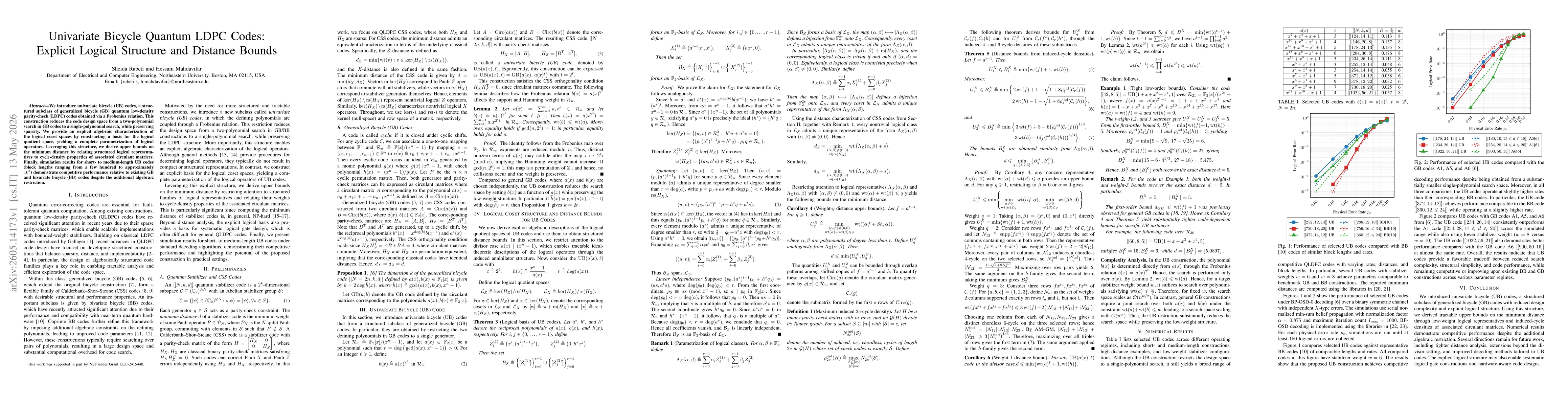 Thumbnail for Univariate Bicycle Quantum LDPC Codes: Explicit Logical Structure and Distance Bounds