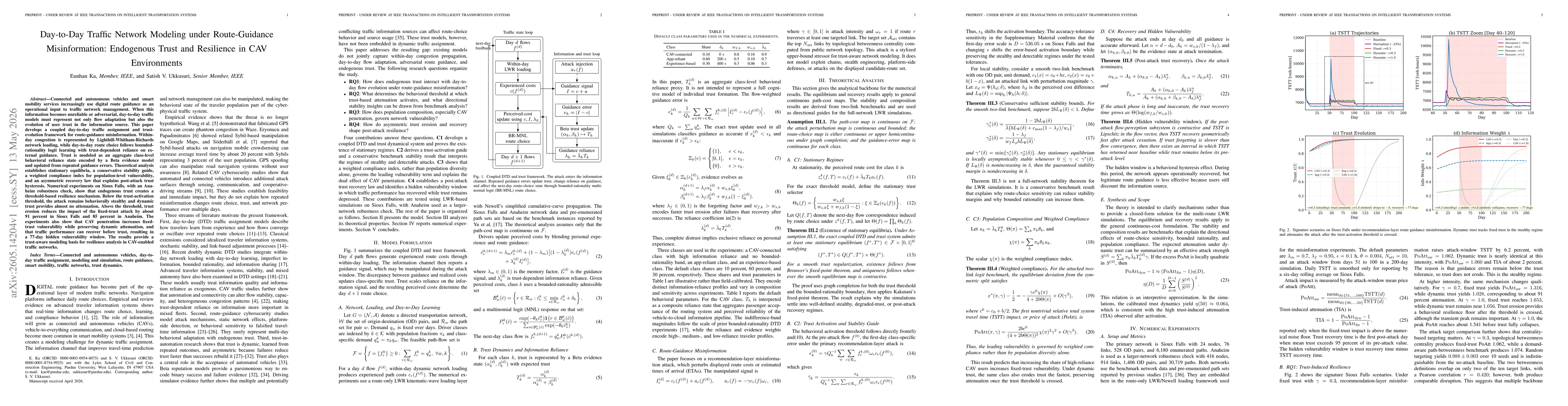 Thumbnail for Day-to-Day Traffic Network Modeling under Route-Guidance Misinformation: Endogenous Trust and Resilience in CAV Environments