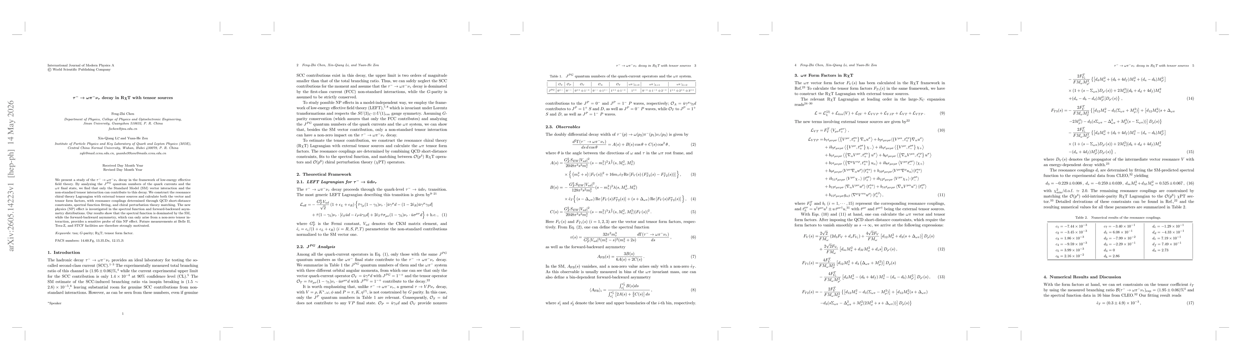 Thumbnail for $τ^- \to ωπ^- ν_τ$ decay in R$χ$T with tensor sources