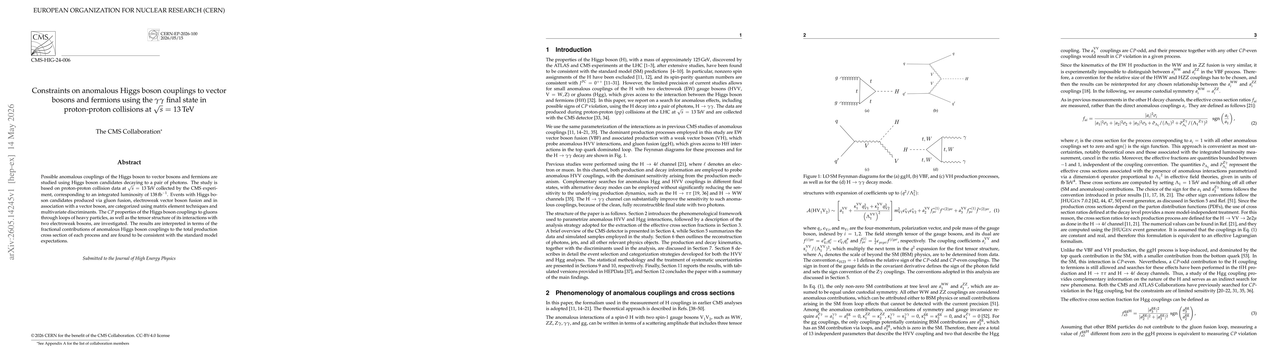 Thumbnail for Constraints on anomalous Higgs boson couplings to vector bosons and fermions using the $γγ$ final state in proton-proton collisions at $\sqrt{s}$ = 13 TeV