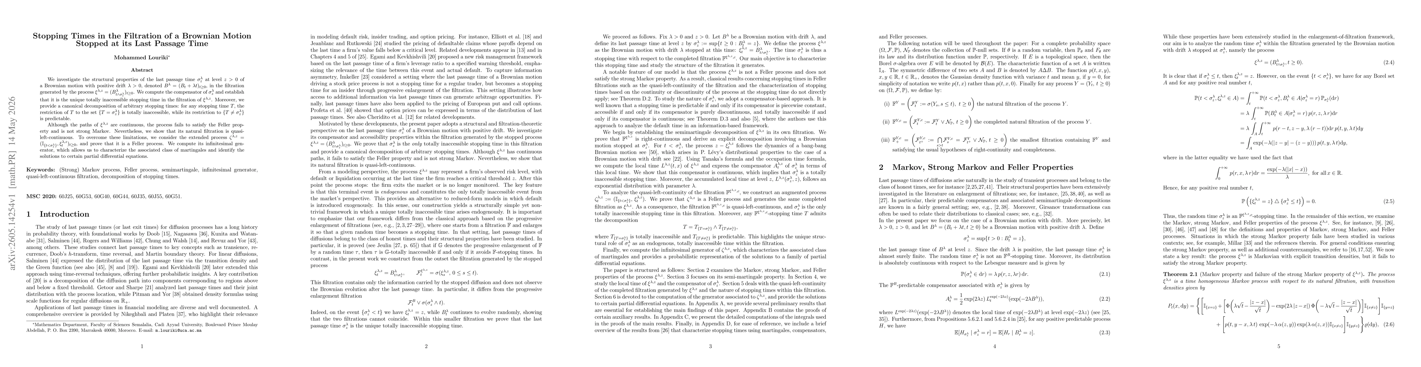 Thumbnail for Stopping Times in the Filtration of a Brownian Motion Stopped at its Last Passage Time