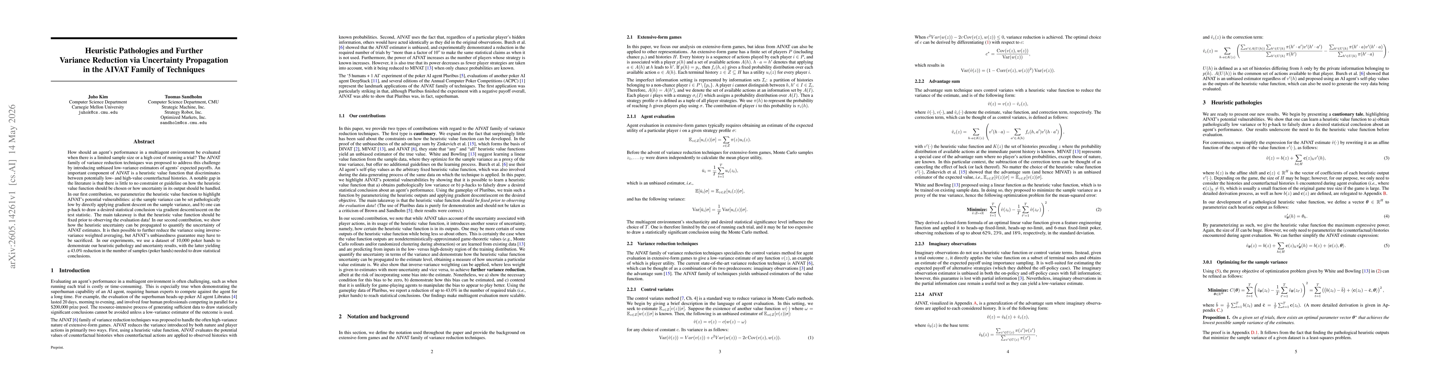 Thumbnail for Heuristic Pathologies and Further Variance Reduction via Uncertainty Propagation in the AIVAT Family of Techniques