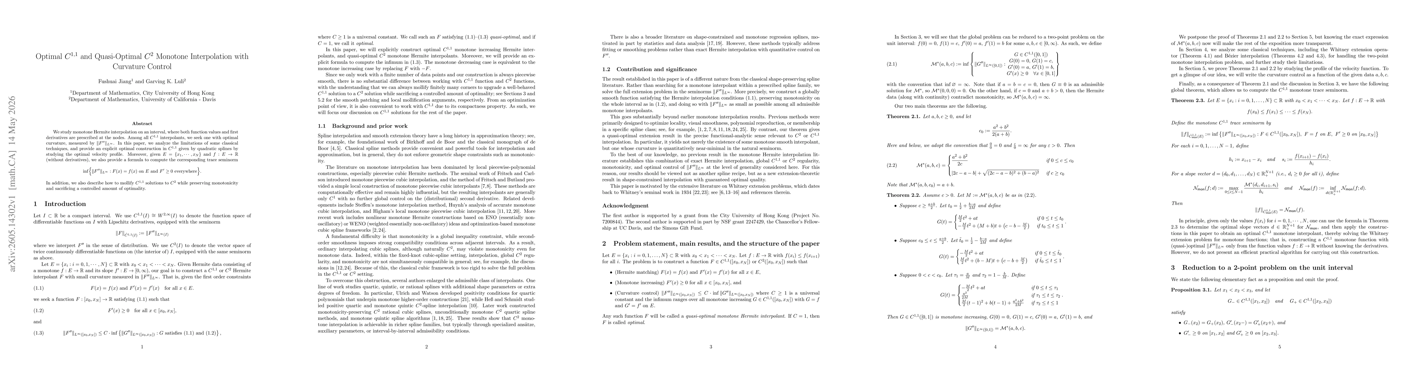 Thumbnail for Optimal $C^{1,1}$ and Quasi-Optimal $C^2$ Monotone Interpolation with Curvature Control