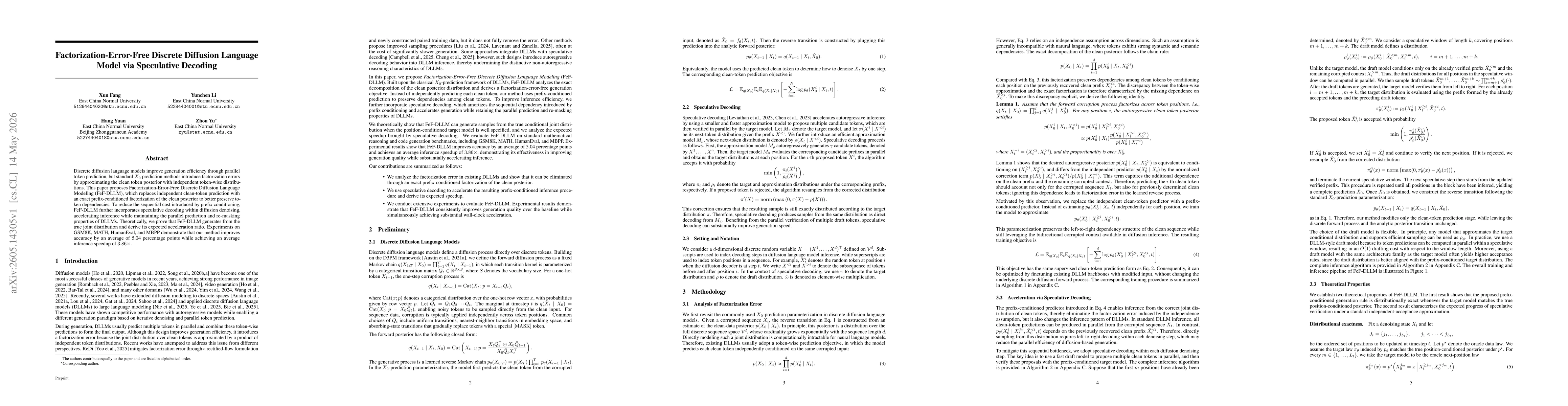 Thumbnail for Factorization-Error-Free Discrete Diffusion Language Model via Speculative Decoding