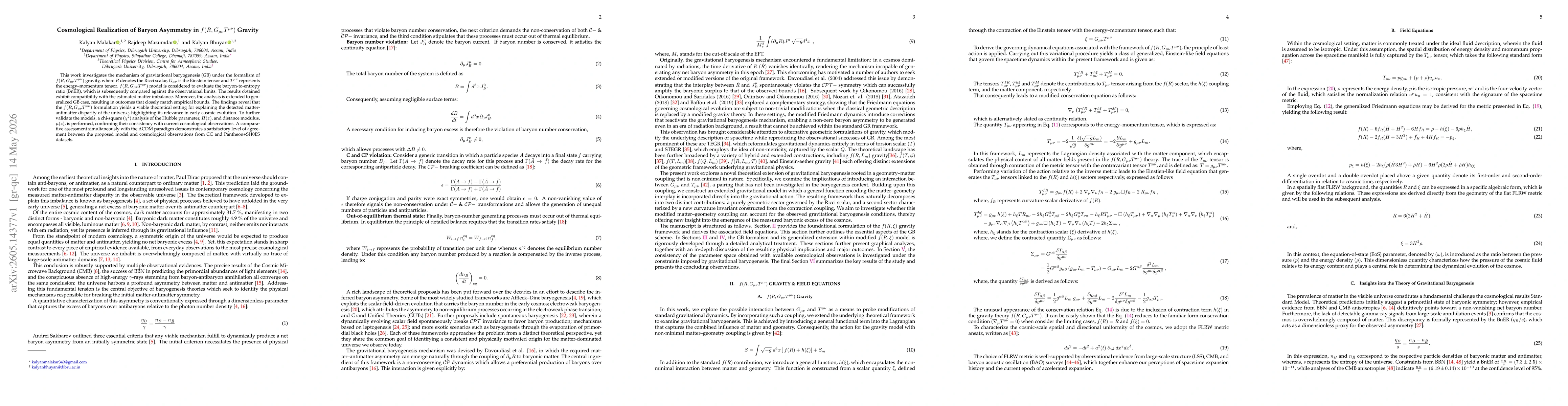 Thumbnail for Cosmological Realization of Baryon Asymmetry in f(R, G_{μν}T^{μν}) Gravity