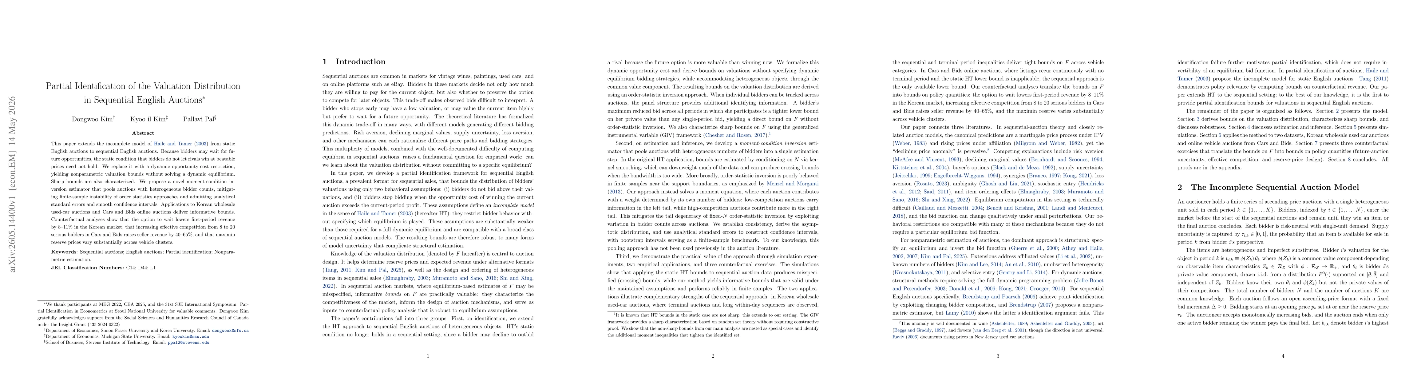 Thumbnail for Partial Identification of the Valuation Distribution in Sequential English Auctions