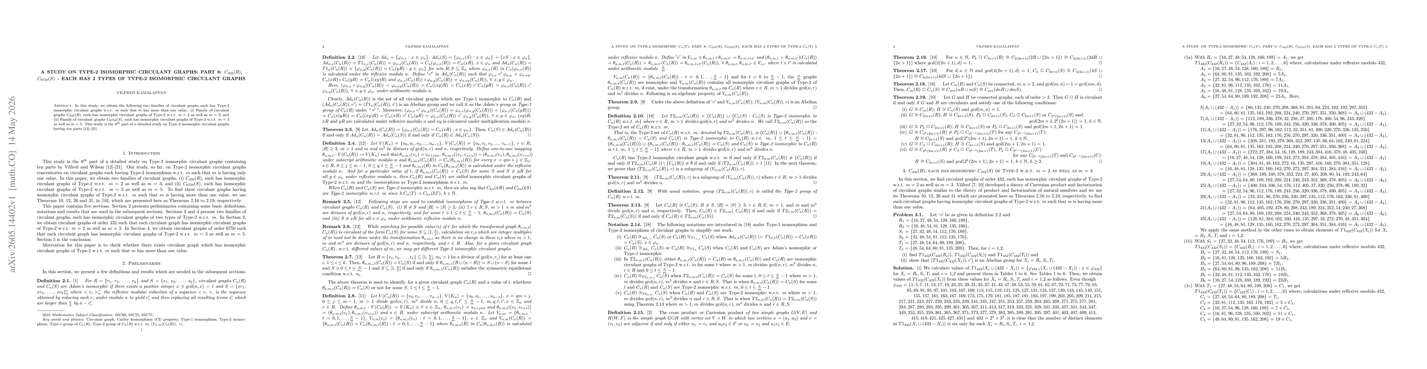 Thumbnail for A Study on Type-2 Isomorphic Circulant Graphs: Part 8: $C_{432}(R)$, $C_{6750}(S)$ -- each has 2 types of Type-2 isomorphic circulant graphs